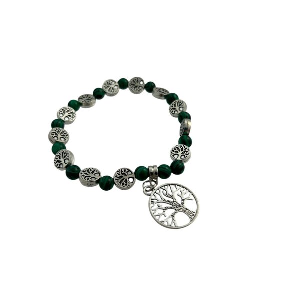 Tree of Life Bracelet Green Malachite Beads Silver Tone Stretch Boho Yoga Beaded - Picture 1 of 8